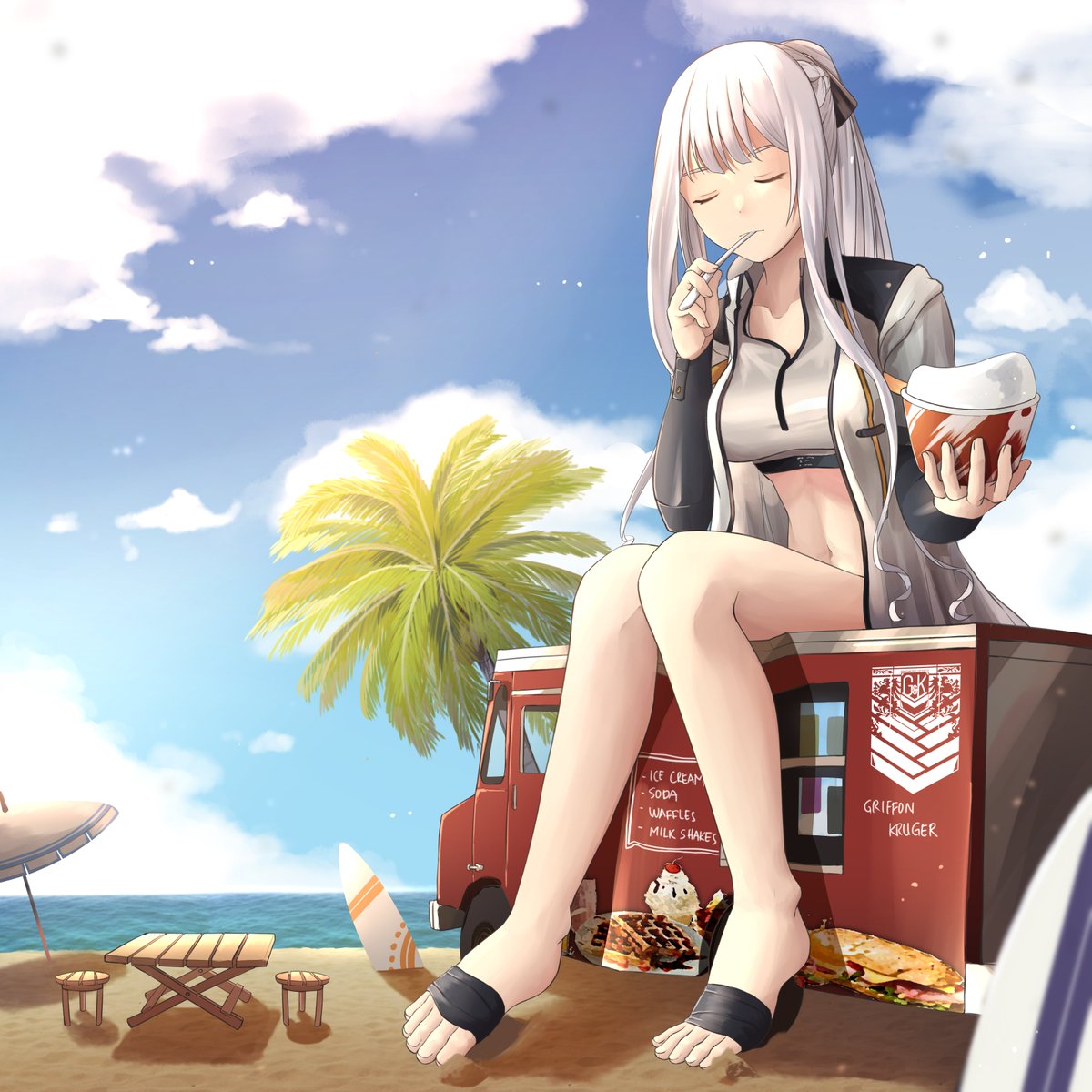 1girl, ak-12_(girls_frontline), artist_request, beach, blue_sky, breasts, chair, closed_eyes