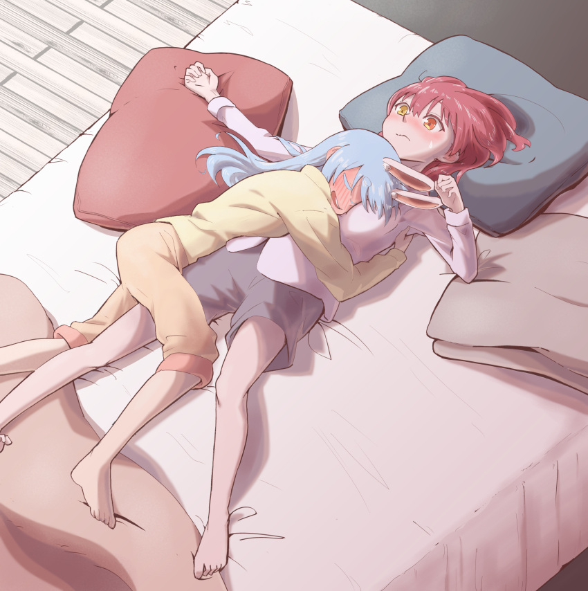 2girls, absurdres, bangs, between_breasts, blanket, blue_hair, blush, breasts