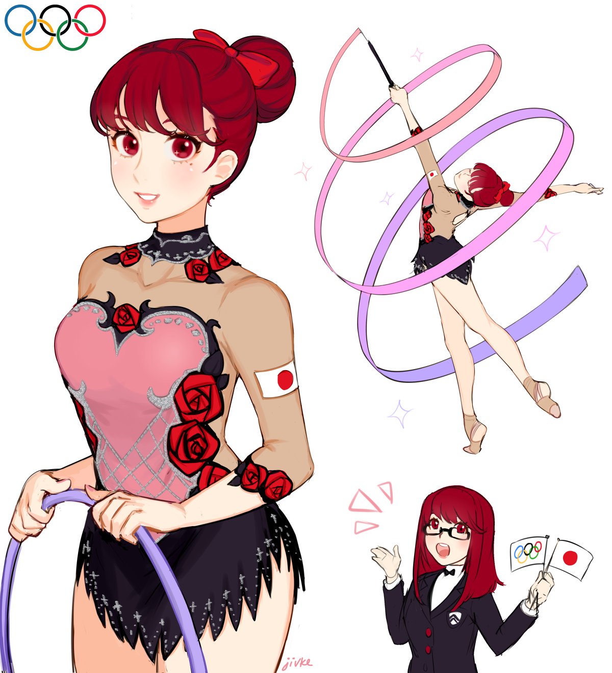 2girls, alternate_costume, alternate_hairstyle, athletic_leotard, bow, cheering, choker, cosplay