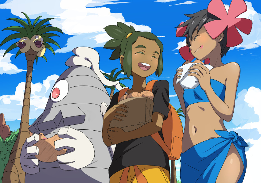 1boy, 1girl, :d, absurdres, alolan_exeggutor, alolan_form, backpack, bag