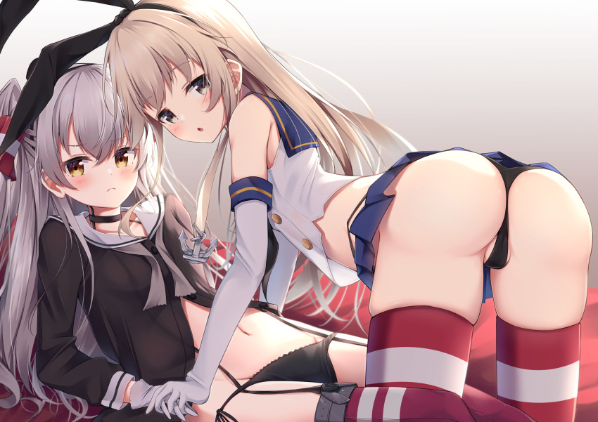 2girls, absurdres, all_fours, amatsukaze_(kancolle), ass, bare_shoulders, black_choker, black_panties