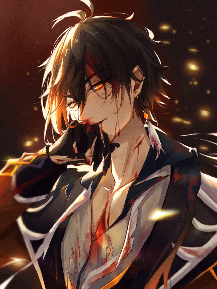 1boy, bangs, black_gloves, blood, blood_from_mouth, blood_on_face, bloody_clothes, bloody_hands