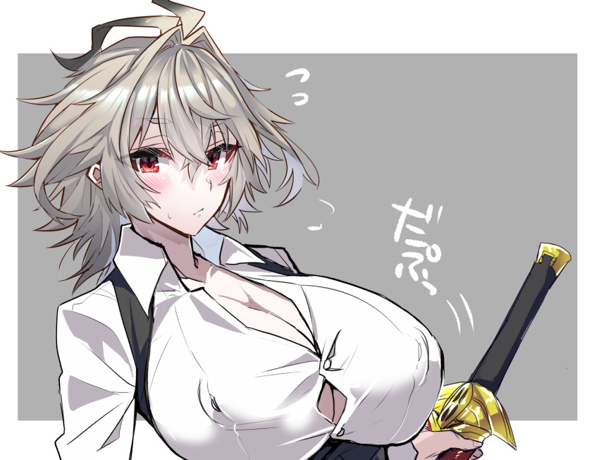 1girl, blush, border, breasts, commentary_request, covered_nipples, eyebrows_visible_through_hair, fate/apocrypha, fate_(series), flying_sweatdrops, genderswap, genderswap_(mtf), grey_background, grey_hair, hair_between_eyes, haoro, holding, holding_sword, holding_weapon, large_breasts, looking_at_viewer, red_eyes, sheath, sheathed, short_hair, sieg_(fate), simple_background, solo, sword, upper_body, weapon, white_border