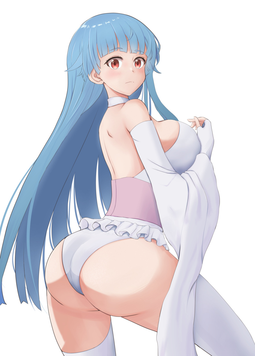 1girl, aqua_hair, ass, back, blue_hair, blush, boots, breasts, cowboy_shot, detached_sleeves, eyebrows_visible_through_hair, fingerless_gloves, flower, frilled_kimono, frills, gloves, hair_flower, hair_ornament, highres, japanese_clothes, kimono, large_breasts, leotard, long_hair, long_sleeves, looking_at_viewer, looking_back, obi, red_eyes, ring_dream, sash, solo, suzunarisakuya, thigh-highs, thigh_boots, white_gloves, white_legwear, wide_sleeves, wrestling_outfit, yuki_onna_(ring_dream)