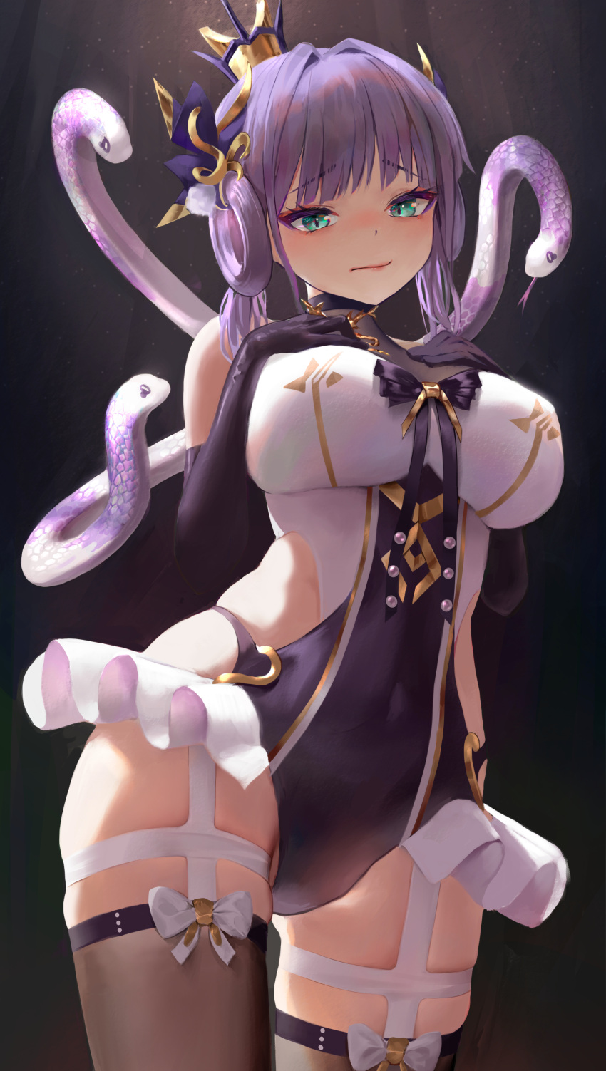 1girl, absurdres, bare_shoulders, black_legwear, bodysuit, breasts, elbow_gloves, eyebrows_visible_through_hair