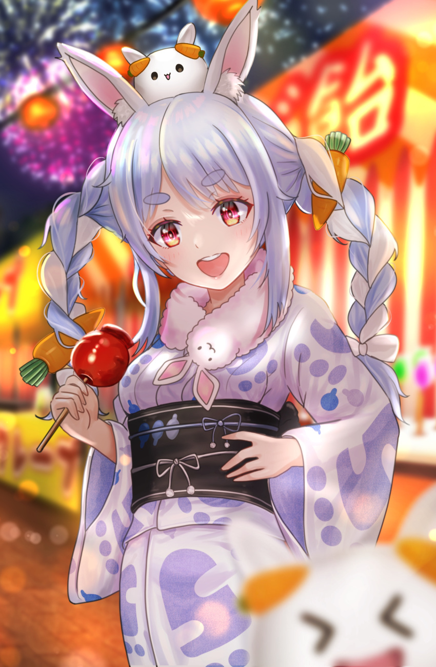 1girl, :d, absurdres, alternate_costume, animal_ear_fluff, animal_ears, blue_hair, blurry