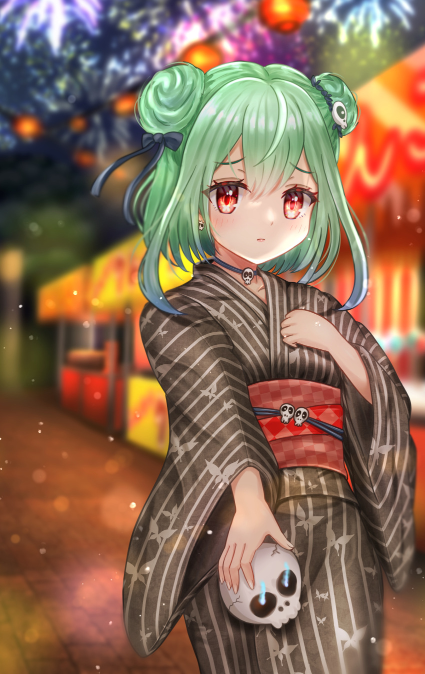 1girl, absurdres, alternate_costume, blue_choker, blue_hair, blurry, blurry_background, blush
