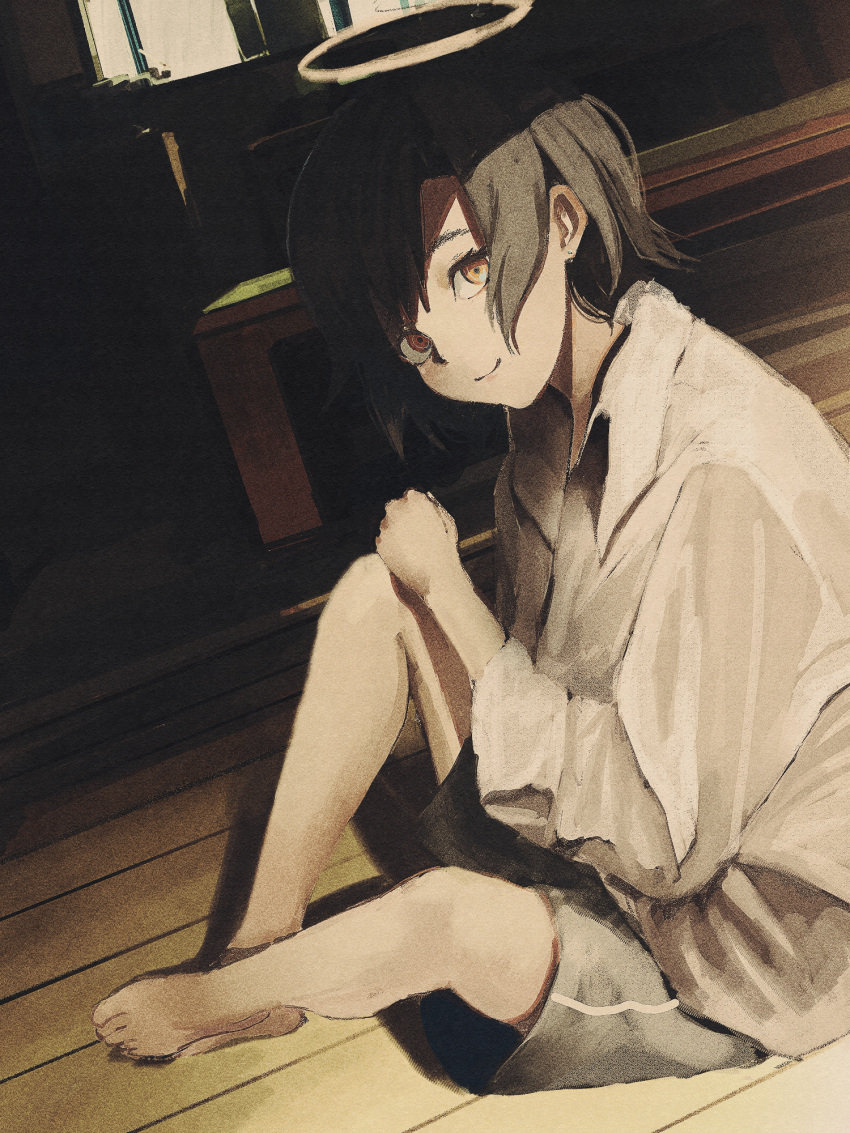 1girl, bangs, bare_legs, barefoot, brown_hair, closed_mouth, commentary, daruma_karei