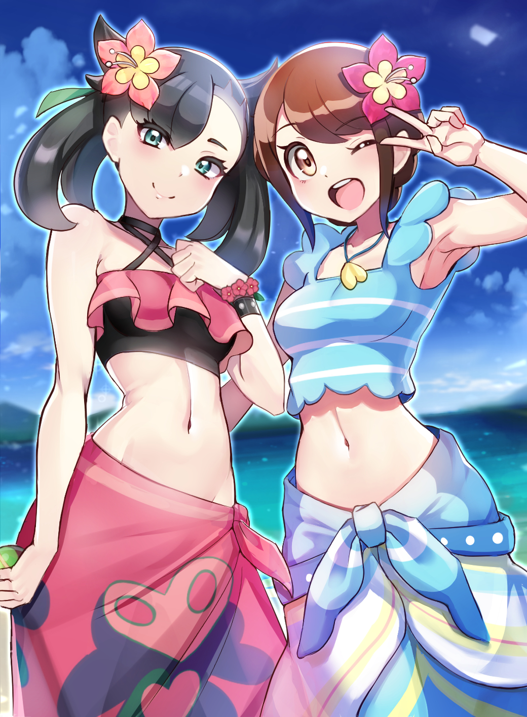 2girls, ;d, asymmetrical_bangs, bangs, beach, black_hair, blue_sky, bracelet