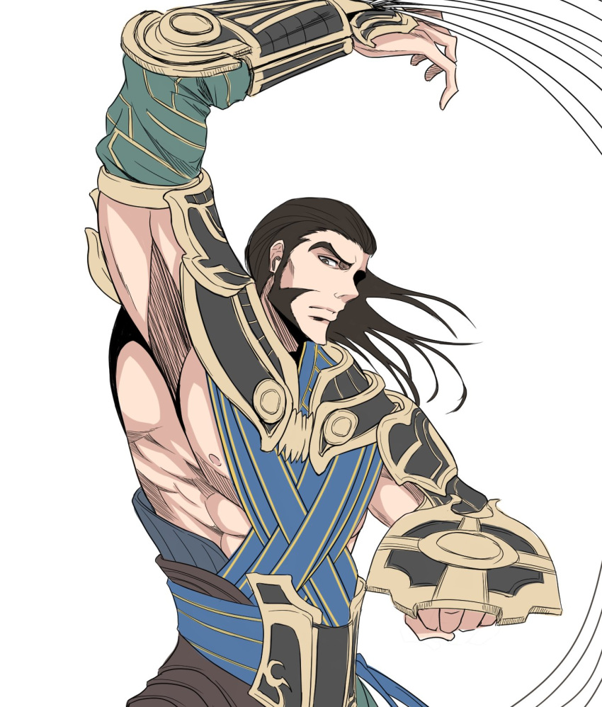 1boy, abs, alternate_costume, arm_up, armor, brown_eyes, brown_hair, clenched_hand, egyptian_clothes, gideon_jura, highres, long_hair, magic:_the_gathering, male_focus, manly, muscular, muscular_male, official_alternate_costume, open_hand, red_wingp2, shading, shield, thick_eyebrows, whip, white_background