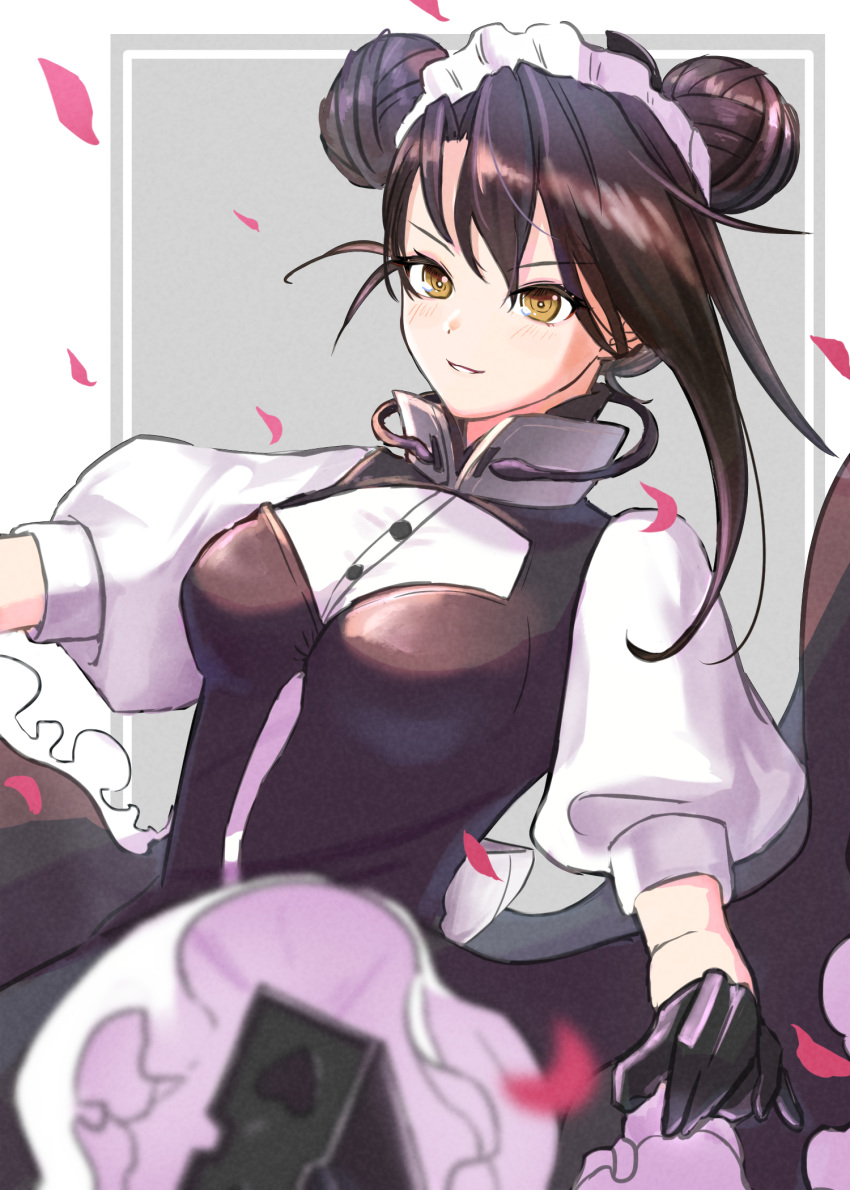 1girl, agent_(girls_frontline), asymmetrical_hair, black_dress, black_gloves, black_legwear, blurry, breasts, cable, cannon, clothes_lift, curtsey, depth_of_field, double_bun, dress, dress_lift, falling_petals, frilled_dress, frills, girls_frontline, gloves, grey_background, hair_over_one_eye, heart-shaped_gun_barrel, highres, light_smile, maid, maid_headdress, medium_breasts, mochian, petals, ringlets, sangvis_ferri, short_hair_with_long_locks, short_sleeves, solo, thigh-highs, yellow_eyes