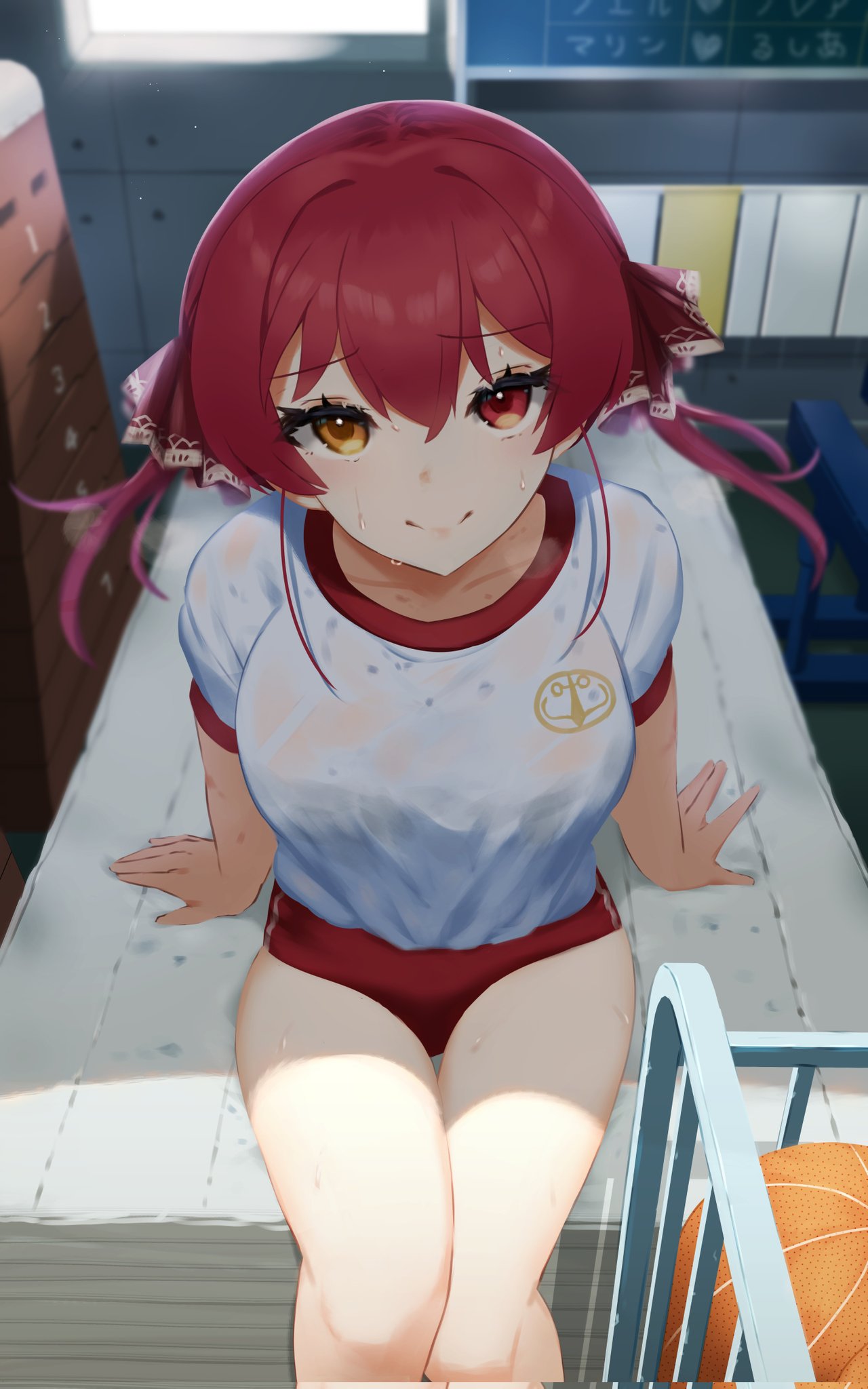 1girl, alternate_costume, anchor_symbol, basketball, blurry, blurry_background, blush, breasts
