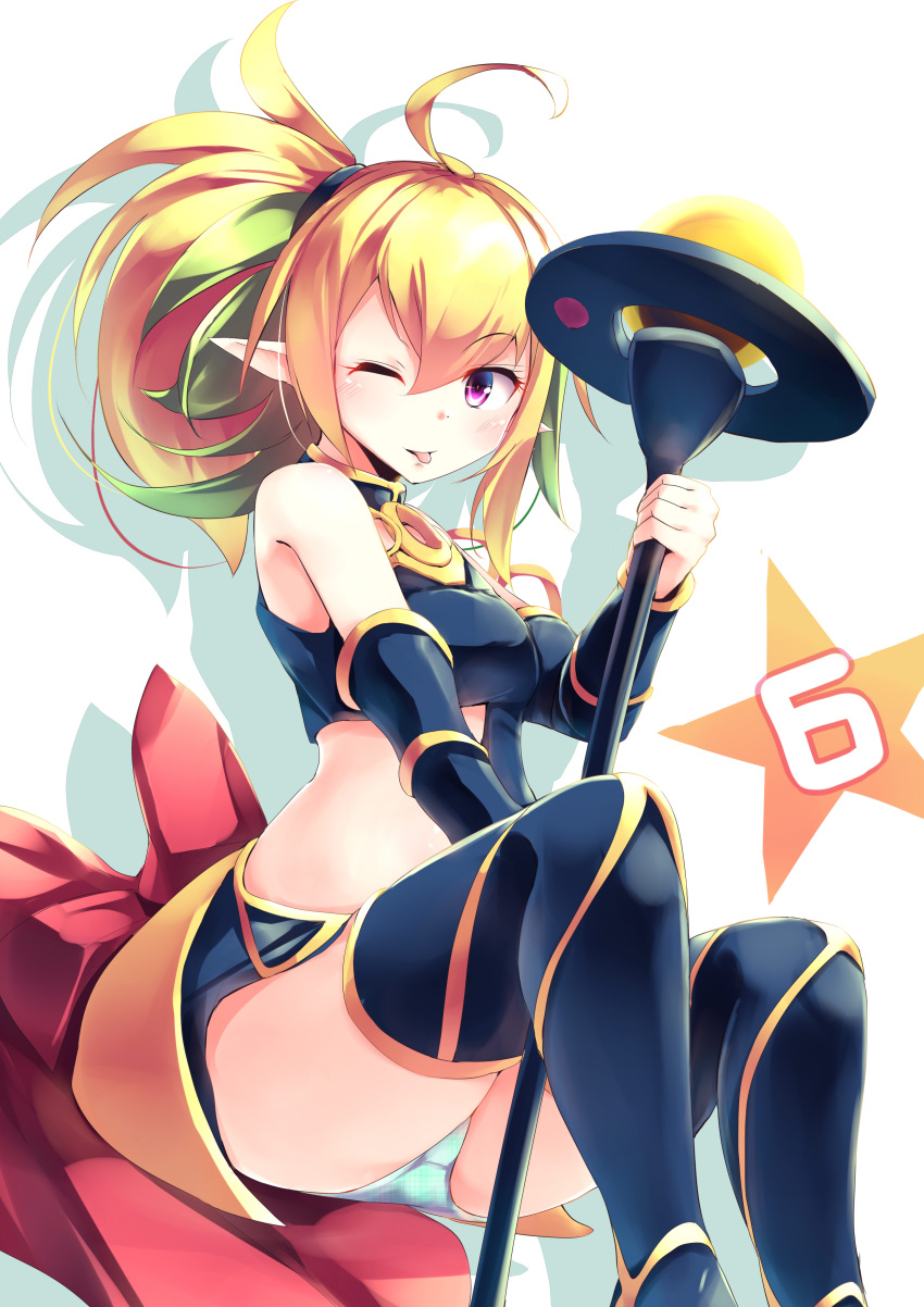 1girl, ;p, absurdres, black_dress, black_legwear, blonde_hair, breasts, colored_inner_hair