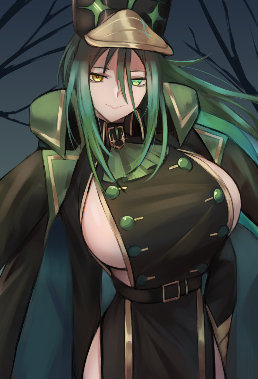 1girl, absurdres, alchemy_stars, belt, breasts, coat, double_bun, green_eyes, green_hair, grin, hair_between_eyes, hat, heterochromia, highres, huge_filesize, large_breasts, long_hair, looking_at_viewer, migard_(alchemy_stars), satou_rin_(gobugabuge), sideboob, smile, solo, yellow_eyes