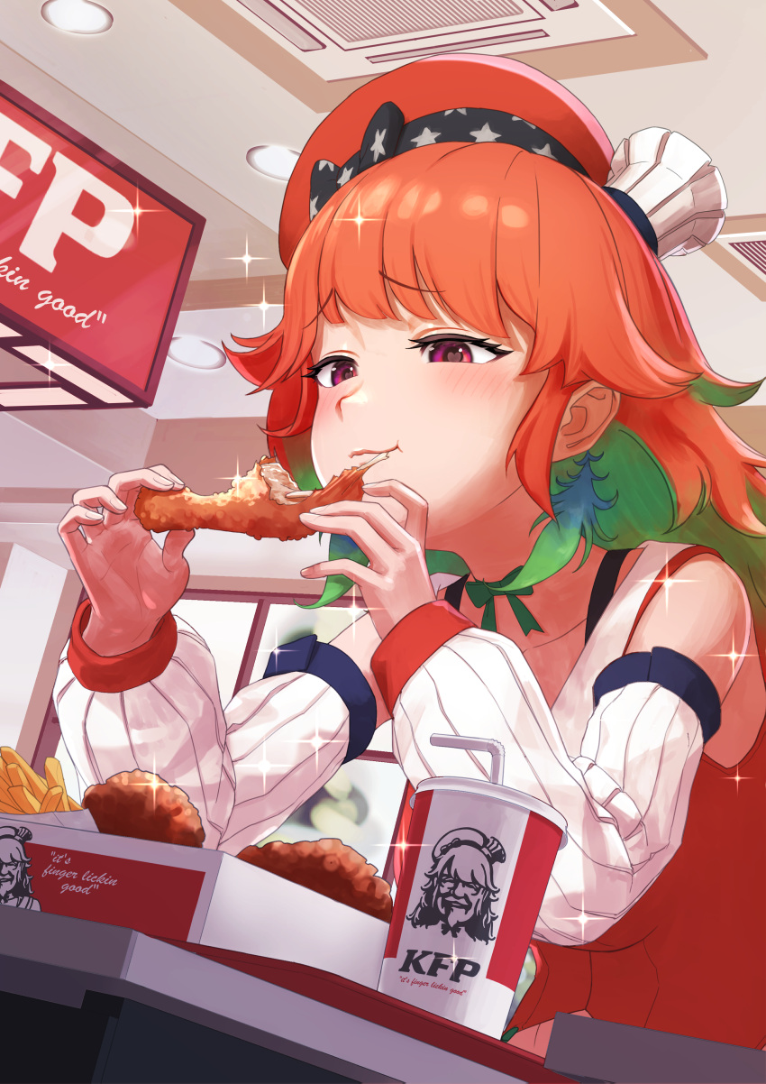 1girl, absurdres, arimoto_wataru, beret, brand_name_imitation, ceiling, chef_hat, cup