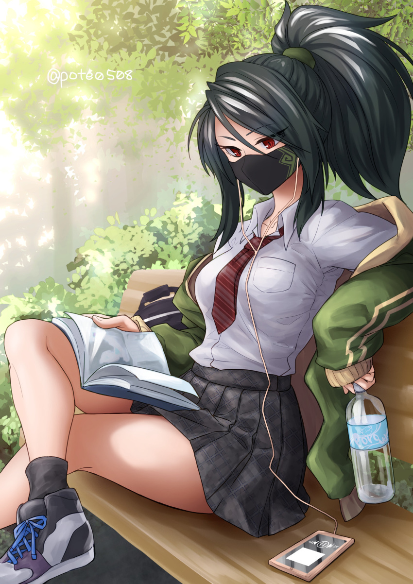 1girl, akali, black_hair, black_legwear, book, bottle, cellphone, crossed_legs, earphones, earphones, highres, jacket, league_of_legends, long_hair, mask, mouth_mask, necktie, off_shoulder, phone, pleated_skirt, ponytail, pote0508, reading, red_eyes, school_uniform, shoes, sitting, skirt, sleeves_past_wrists, smartphone, sneakers, socks, solo