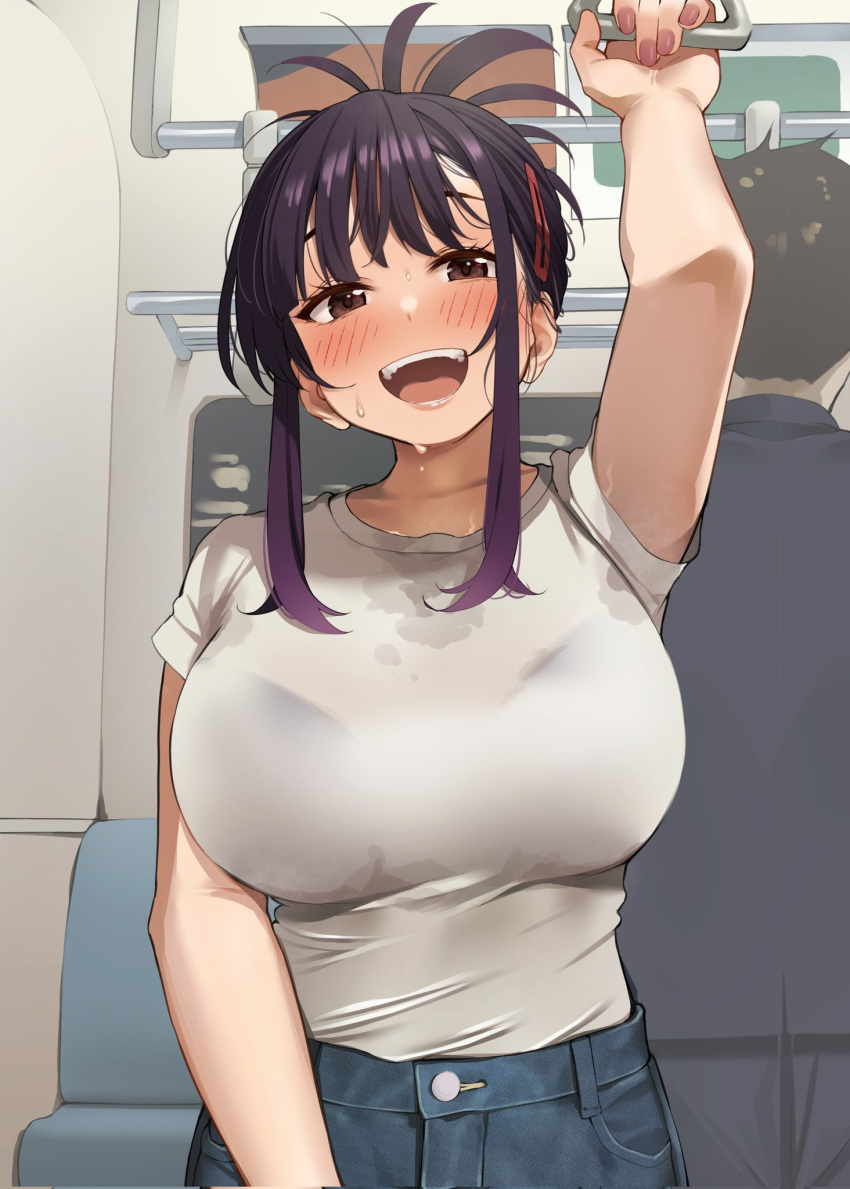 1boy, 1girl, arm_up, bangs, blush, bra_through_clothes, breasts, brown_eyes, dripping, elder_cousin_(igarashi_kyouhei), hair_ornament, hairclip, highres, igarashi_kyouhei, large_breasts, looking_at_viewer, medium_hair, open_mouth, original, purple_hair, shirt, shirt_tucked_in, short_sleeves, smile, solo_focus, sweat, sweating_profusely, tied_hair, train_interior, white_shirt