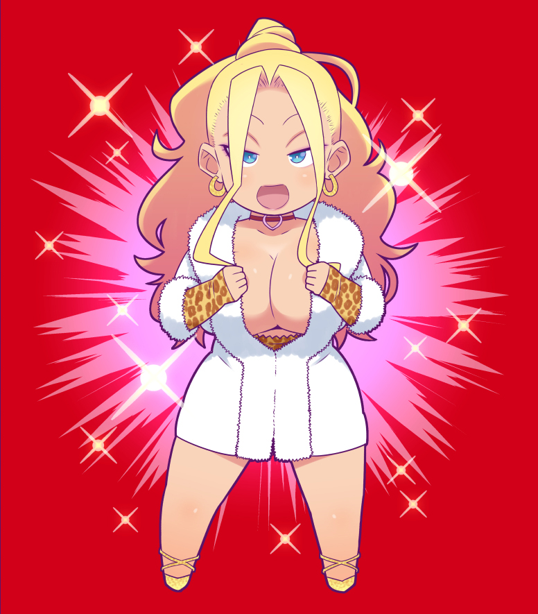 1girl, animal_print, blonde_hair, blue_eyes, breasts, choker, earrings, fur_coat, galko's_sister, half-closed_eyes, high_heels, jewelry, leopard_print, looking_at_viewer, open_mouth, oshiete!_galko-chan, red_background, simple_background, solo, tetrodotoxin, white_fur_coat