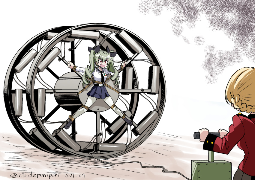 2girls, anchovy_(girls_und_panzer), anzio_school_uniform, bangs, black_ribbon, black_skirt, blasting_machine, blonde_hair, braid, brown_eyes, commentary, crucifixion, darjeeling_(girls_und_panzer), dated, drill_hair, dynamite, eyebrows_visible_through_hair, frown, girls_und_panzer, green_hair, hair_ribbon, highres, inoue_yoshihisa, jacket, long_hair, long_sleeves, looking_at_another, military, military_uniform, multiple_girls, open_mouth, panjandrum, pleated_skirt, red_jacket, restrained, ribbon, rope, school_uniform, skirt, st._gloriana's_military_uniform, textless, tied_hair, twin_braids, twin_drills, twintails, twitter_username, uniform