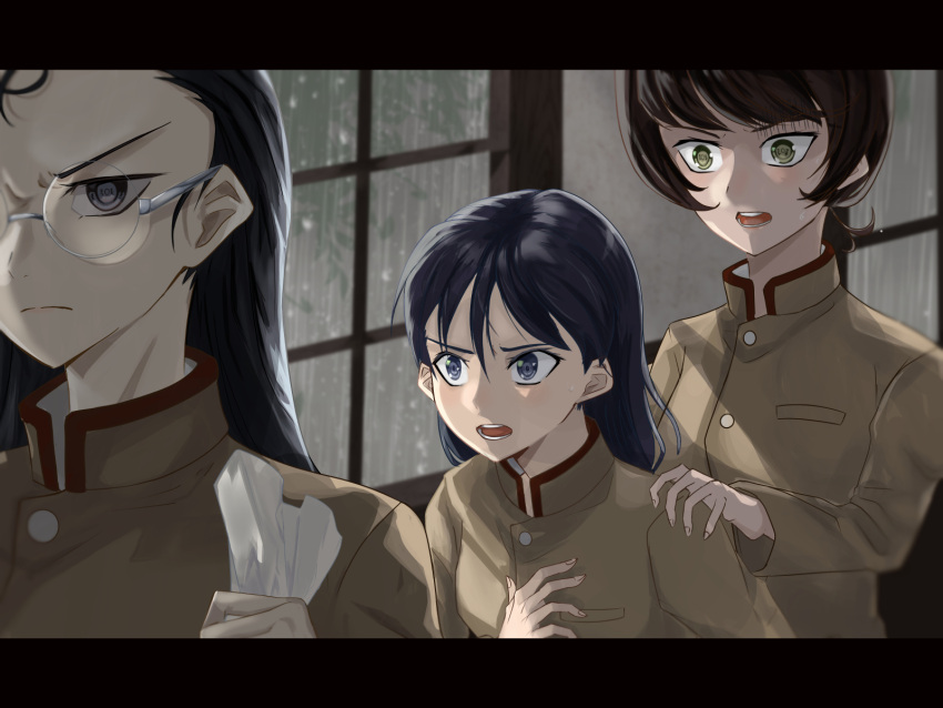3girls, bangs, black_eyes, black_hair, blurry, blurry_background, brown_hair, brown_jacket
