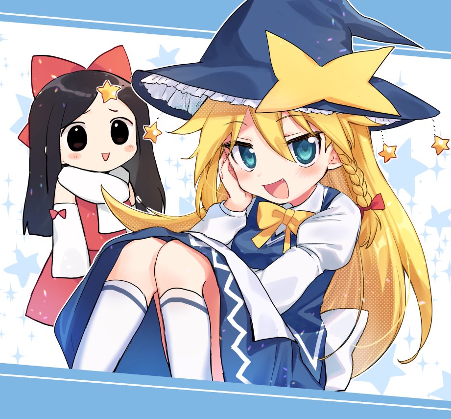 2girls, bangs, black_eyes, black_hair, blonde_hair, blue_eyes, blue_headwear, blue_skirt