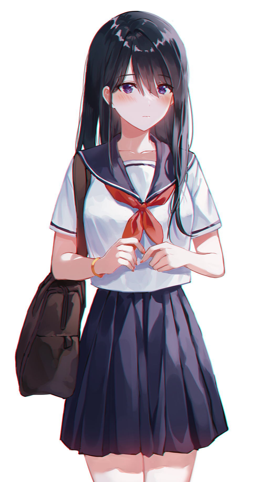 1girl, bag, bangs, black_hair, blue_sailor_collar, blue_skirt, blush, bracelet