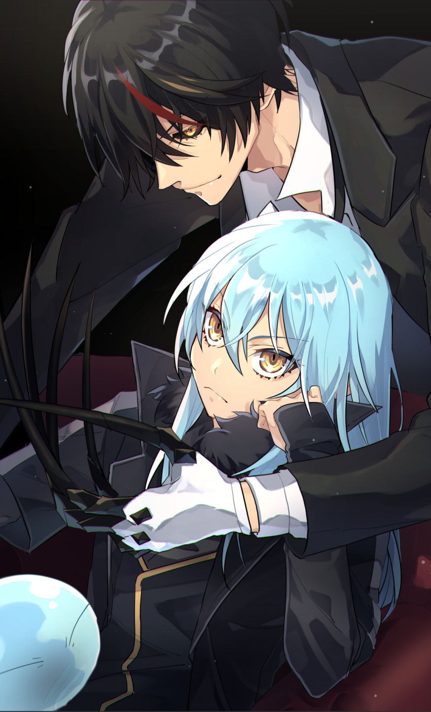 1boy, 1other, androgynous, bangs, black_background, black_coat, black_hair, black_jacket, black_sclera, blue_hair, closed_mouth, coat, colored_sclera, diablo_(tensei_shitara_slime_datta_ken), eyebrows_visible_through_hair, frown, gloves, hair_between_eyes, head_rest, highres, jacket, long_hair, long_sleeves, ou_negi, rimuru_tempest, shiny, shiny_hair, short_hair, smile, straight_hair, tensei_shitara_slime_datta_ken, v-shaped_eyebrows, white_gloves, yellow_eyes