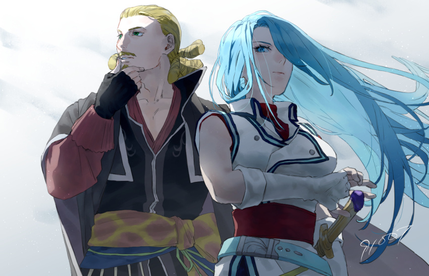 1boy, 1girl, 91007, bastian_(fire_emblem), beard, black_cape, black_gloves, blonde_hair, blue_eyes, blue_hair, cape, closed_mouth, elbow_gloves, facial_hair, fingerless_gloves, fire_emblem, fire_emblem:_path_of_radiance, floating_hair, gloves, hair_over_one_eye, jacket, long_hair, lucia_(fire_emblem), mustache, sheath, sheathed, signature, sleeveless, sleeveless_jacket, tied_hair, very_long_hair, white_gloves, white_jacket
