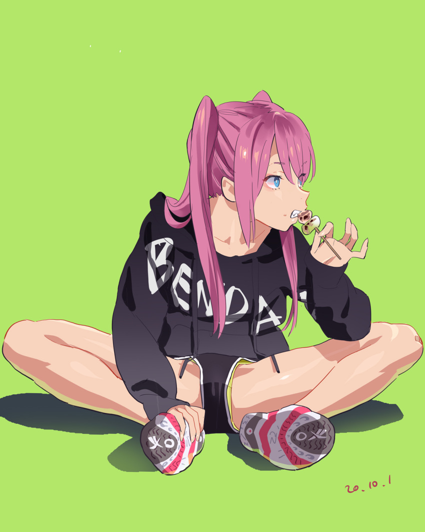 1girl, black_hoodie, black_shorts, blue_eyes, clothes_writing, dated, dolphin_shorts, eating