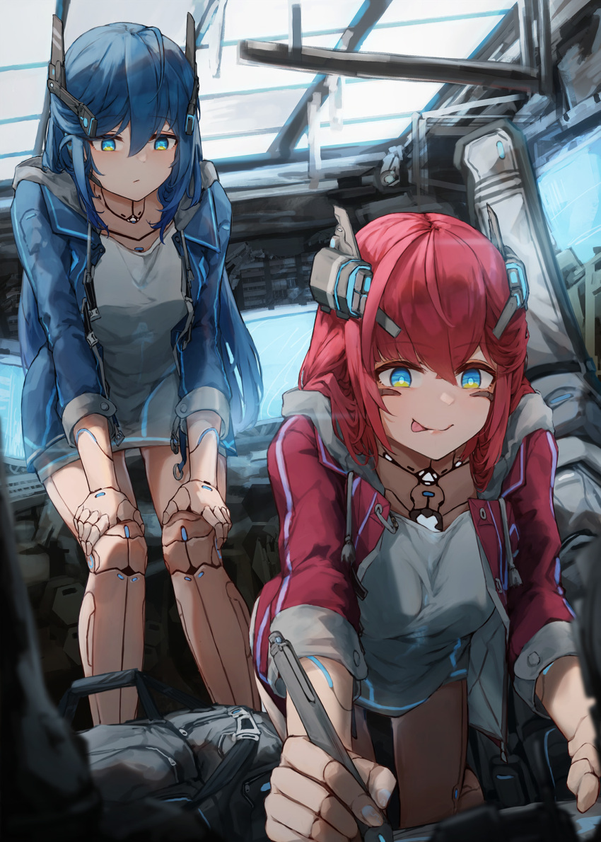2girls, android, bag, blue_eyes, blue_hair, doll_joints, drawing, duffel_bag, hands_on_own_knees, highres, hood, hoodie, joints, laboratory, long_hair, looking_down, multiple_girls, redhead, robot_ears, siblings, sisters, taiu, tongue, tongue_out