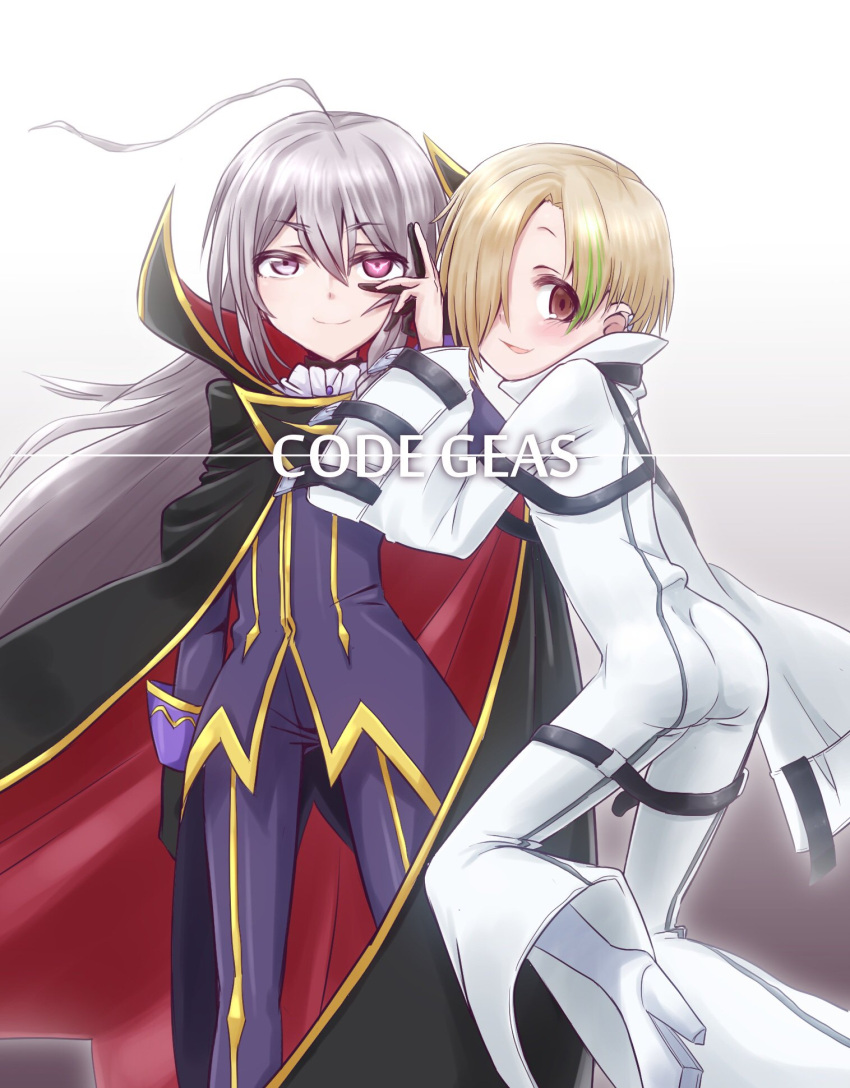 2girls, ass, bags_under_eyes, black_gloves, blonde_hair, brown_eyes, c.c., c.c._(cosplay)