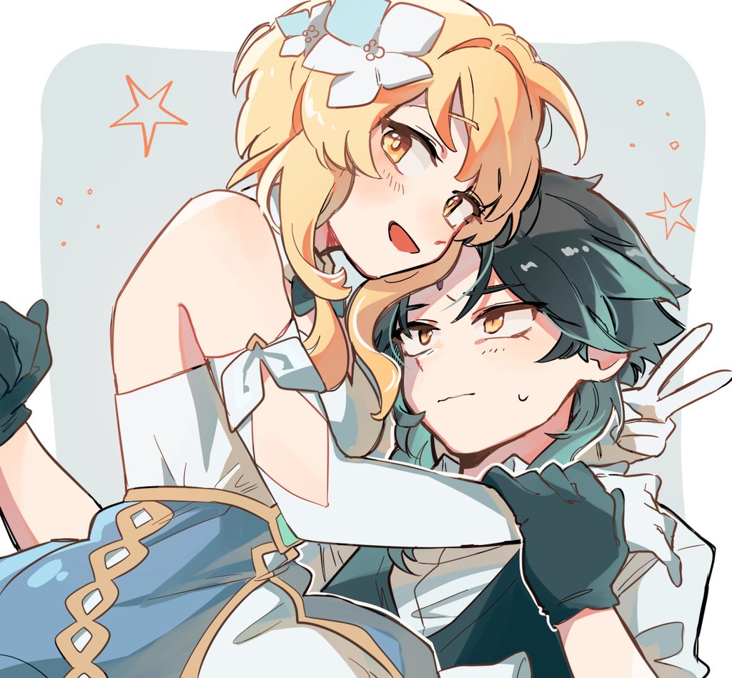 1boy, 1girl, alternate_costume, bangs, black_gloves, black_hair, black_vest, blonde_hair, blush, closed_mouth, elbow_gloves, facial_hair, facial_mark, flower, forehead_mark, genshin_impact, gloves, green_hair, hetero, isaraa_005, korean_commentary, lumine_(genshin_impact), multicolored_hair, open_mouth, shirt, short_hair_with_long_locks, star_(symbol), sweat, two-tone_background, upper_body, v, vest, white_flower, white_gloves, white_shirt, xiao_(genshin_impact), yellow_eyes