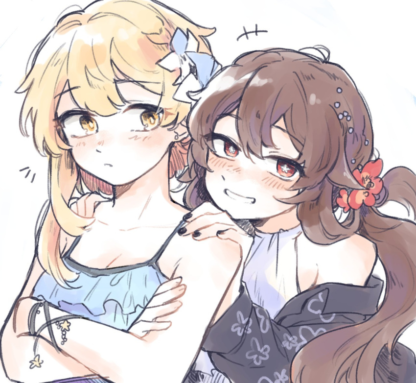 +++, 2girls, alternate_costume, bangs, black_nails, blonde_hair, blue_tank_top, blush, brown_hair, closed_mouth, flower, genshin_impact, grin, hair_flower, hair_ornament, hands_on_another's_shoulders, hu_tao_(genshin_impact), isaraa_005, korean_commentary, long_hair, looking_at_viewer, low_twintails, lumine_(genshin_impact), multiple_girls, nail_polish, off_shoulder, red_eyes, red_flower, short_hair_with_long_locks, simple_background, smile, tank_top, twintails, upper_body, white_background, white_flower, yellow_eyes