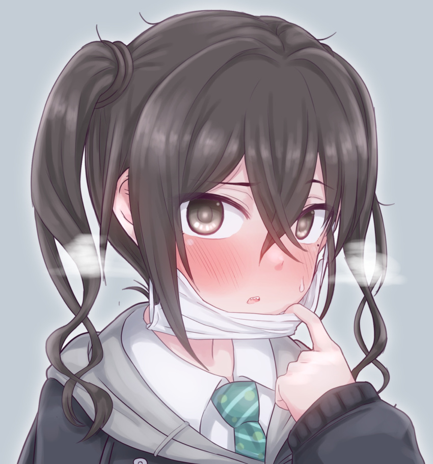 1girl, black_eyes, black_hair, black_jacket, blush, commentary_request, diagonal-striped_neckwear, diagonal_stripes, dokudoku913, green_neckwear, highres, hood, hood_down, hooded_jacket, idolmaster, idolmaster_cinderella_girls, jacket, long_hair, looking_at_viewer, mask, mask_pull, mole, mole_under_eye, mouth_mask, portrait, sharp_teeth, simple_background, solo, striped, striped_neckwear, sunazuka_akira, sweatdrop, teeth, twintails