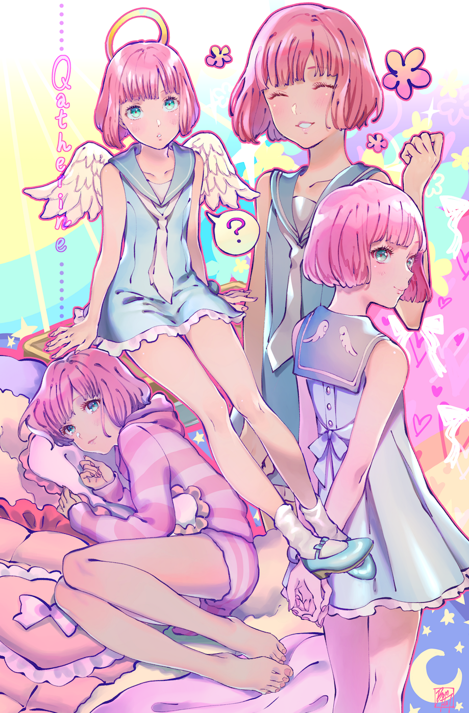 1boy, ?, arm_support, arms_behind_back, bare_legs, barefoot, blue_dress, blue_eyes