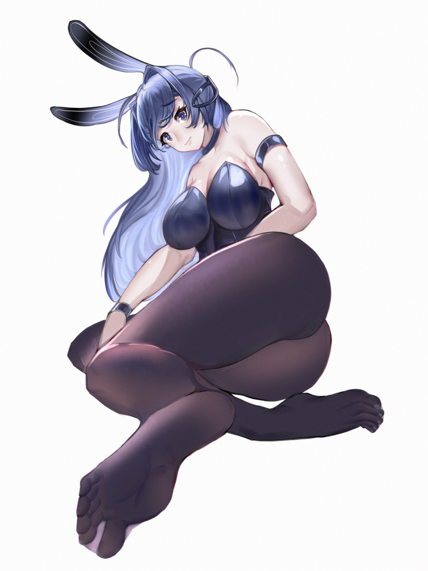 1girl, absurdres, animal_ears, ass, azur_lane, black_legwear, black_leotard, fake_animal_ears, feet, full_body, highres, huge_filesize, legs, leotard, long_hair, looking_at_viewer, new_jersey_(azur_lane), new_jersey_(exhilarating_steps!)_(azur_lane), official_alternate_costume, pantyhose, playboy_bunny, purple_hair, qingjiao_rou_si, rabbit_ears, simple_background, soles, solo, violet_eyes, white_background, wrist_cuffs