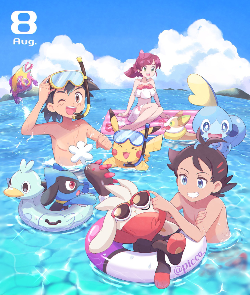 1girl, 2boys, ash_ketchum, barefoot, black_hair, blue_eyes, bruxish, chloe_(pokemon)