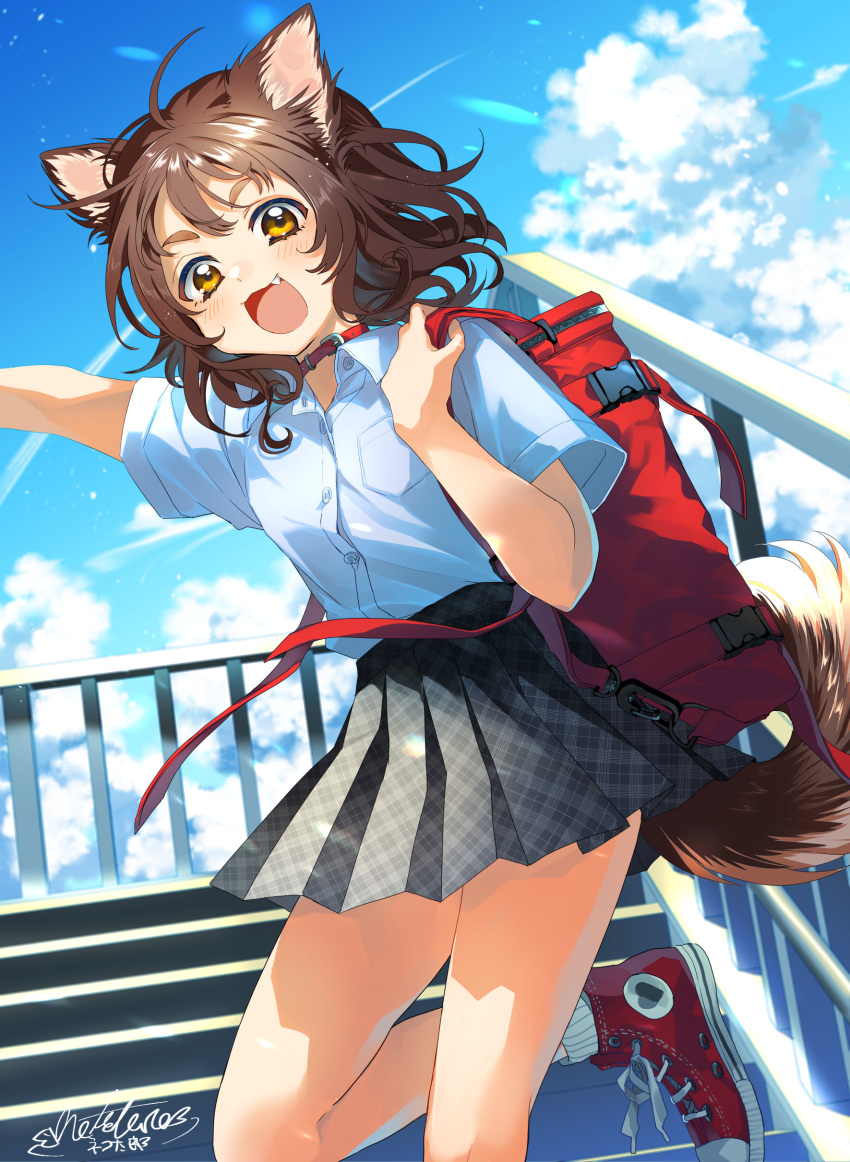 1girl, absurdres, ahoge, animal_ears, arm_up, bag, blue_sky, blush