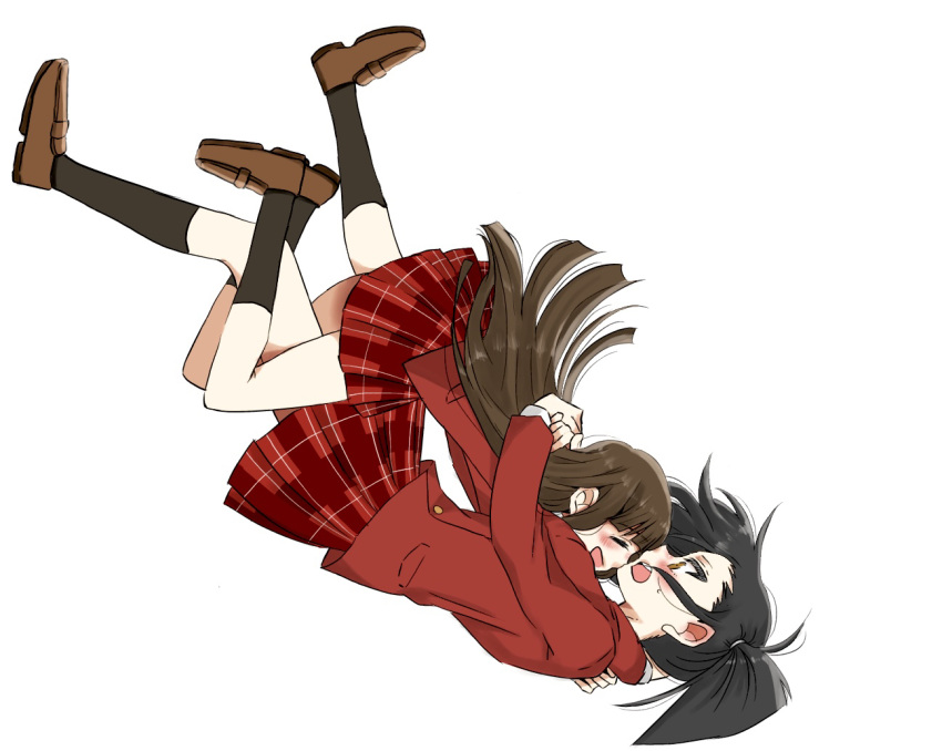 2girls, black_hair, black_legwear, blush, brown_footwear, brown_hair, closed_eyes, facing_another