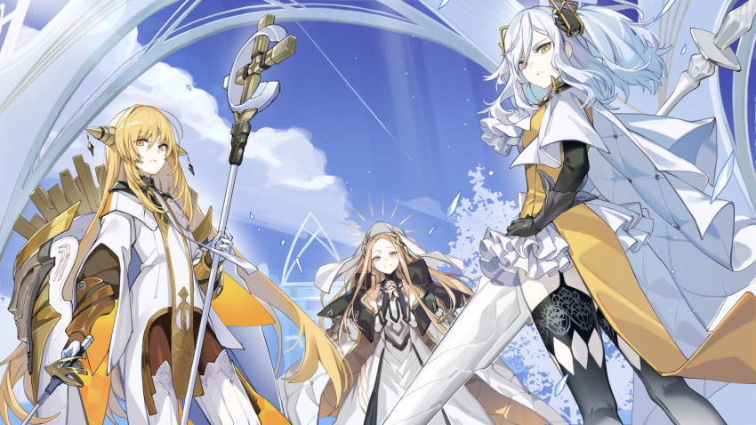 3girls, alchemy_stars, banned_artist, black_gloves, black_legwear, blonde_hair, bridal_gauntlets, cape, carleen_(alchemy_stars), clouds, commentary_request, dress, flat_chest, frilled_dress, frills, garter_straps, gloves, green_eyes, hand_on_hip, hands_clasped, headgear, highres, holding, holding_staff, holding_sword, holding_weapon, icomochi, irridon_(alchemy_stars), lance, long_hair, looking_at_viewer, medium_hair, multiple_girls, own_hands_together, polearm, robe, smile, staff, sword, tree, uriah_(alchemy_stars), weapon, white_hair, white_robe, yellow_eyes