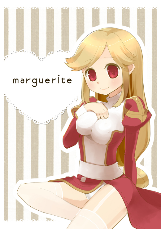 1girl, aura_(a440), bangs, blonde_hair, blush, breasts, brown_background, character_name, closed_mouth, commentary_request, covered_nipples, dress, eyebrows_visible_through_hair, foot_out_of_frame, heart, high_priest_(ragnarok_online), juliet_sleeves, long_hair, long_sleeves, looking_at_viewer, low-tied_long_hair, margaretha_solin, medium_breasts, panties, puffy_sleeves, ragnarok_online, red_dress, red_eyes, sash, smile, solo, striped, striped_background, swept_bangs, thigh-highs, two-tone_background, two-tone_dress, underwear, white_background, white_dress, white_legwear, white_panties, white_sash