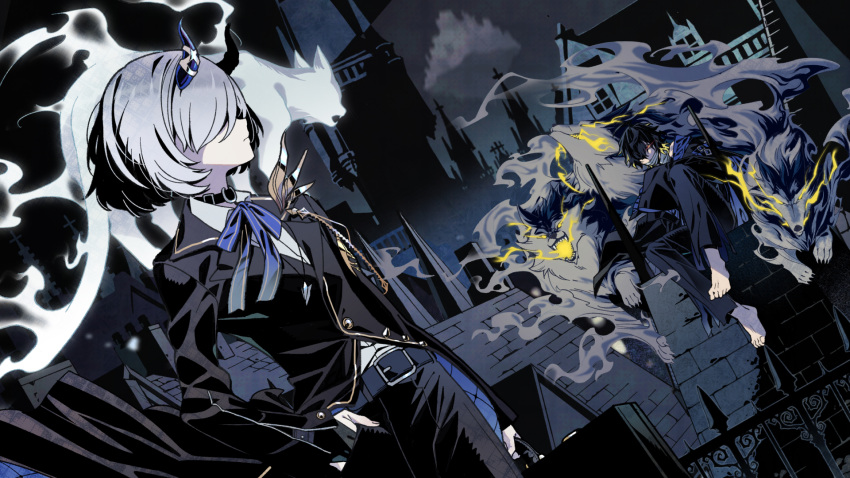 1boy, 1girl, alchemy_stars, animal_on_shoulder, bandages, belt, black_hair, black_pants