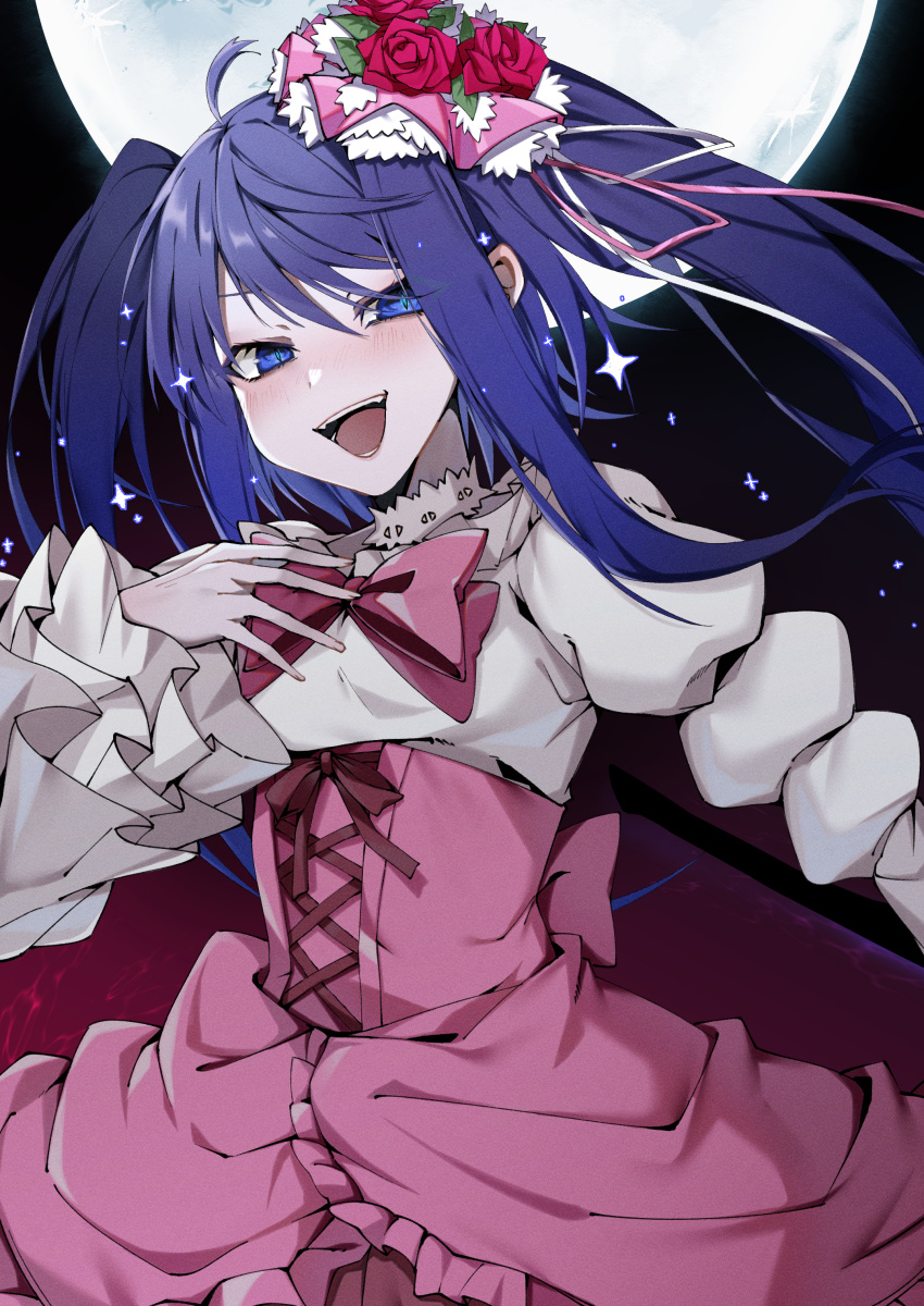 1girl, :d, absurdres, ahoge, bangs, black_background, blue_eyes, blue_hair