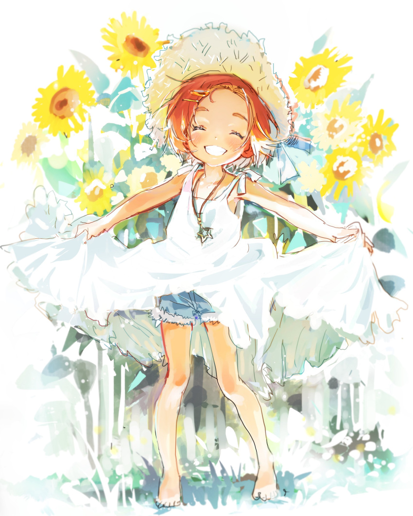 1girl, absurdres, barefoot, blush, closed_eyes, closed_mouth, commentary_request, denim