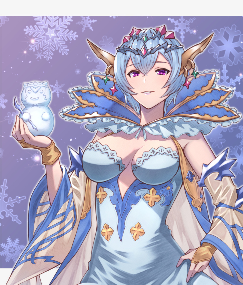1girl, blue_hair, breasts, bridal_gauntlets, circlet, granblue_fantasy, hand_on_hip, highres
