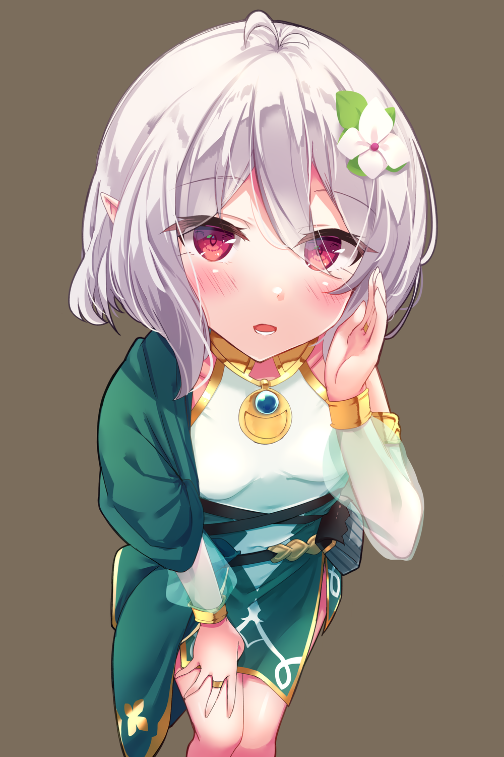 1girl, antenna_hair, arm_support, bangs, bent_over, brown_background, commentary_request, eyebrows_visible_through_hair