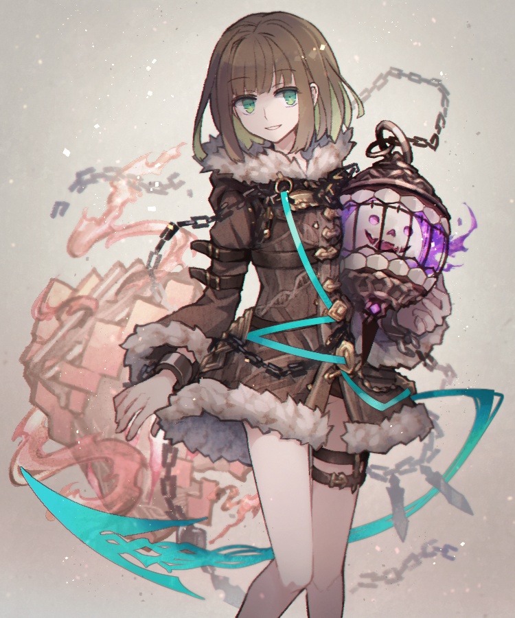 1boy, bangs, beige_background, brown_hair, brown_jacket, cage, chain, fur-trimmed_jacket