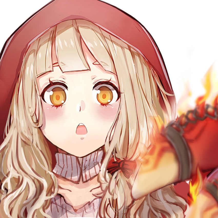 1girl, :o, bangs, blonde_hair, blurry, blurry_foreground, blush, fire