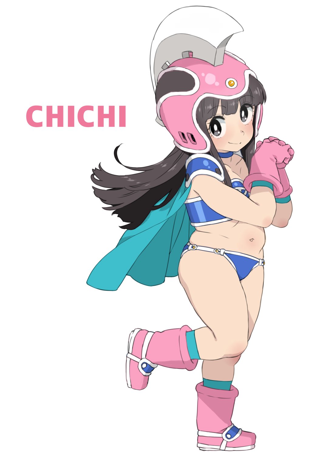 1girl, armor, bikini, bikini_armor, black_eyes, black_hair, blue_bikini, boots, cape, character_name, chi-chi_(dragon_ball), choker, dragon_ball, dragon_ball_(classic), from_side, full_body, gloves, green_cape, hands_together, helmet, highres, leg_up, legs, long_hair, looking_at_viewer, navel, pauldrons, pink_footwear, pink_gloves, pink_headwear, shoulder_armor, simple_background, smile, solo, standing, standing_on_one_leg, swimsuit, thighs, wakaho_riku, white_background
