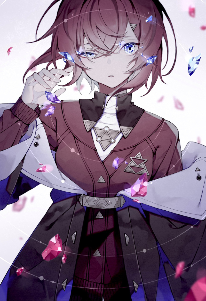 1girl, ange_katrina, bangs, black_jacket, blue_eyes, crystal, floating_hair, hair_between_eyes, half-closed_eye, highres, jacket, nijisanji, off_shoulder, open_hand, red_sweater, shi_chi_41, solo, sweater, triangle_hair_ornament, upper_body, virtual_youtuber